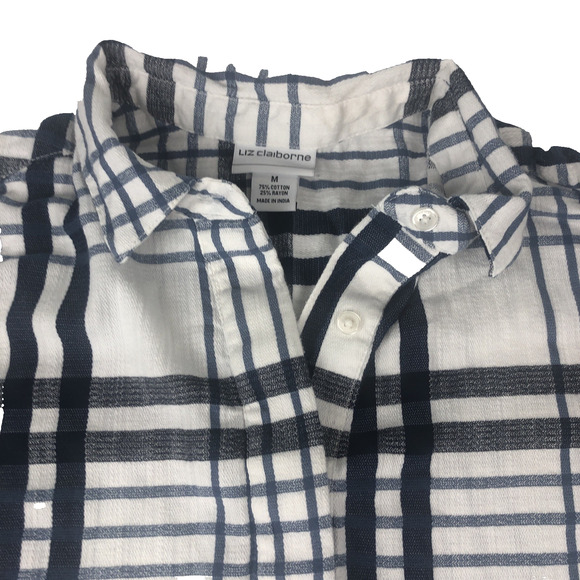 Liz Claiborne Women's Cabin Shirt 1/4 Button Blue Plaid Size Medium Long Sleeves - Picture 2 of 10